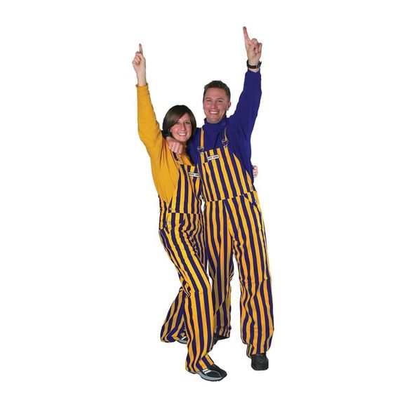 Adult Purple & Yellow Striped Game Bibs Overalls - Picture 1 of 3